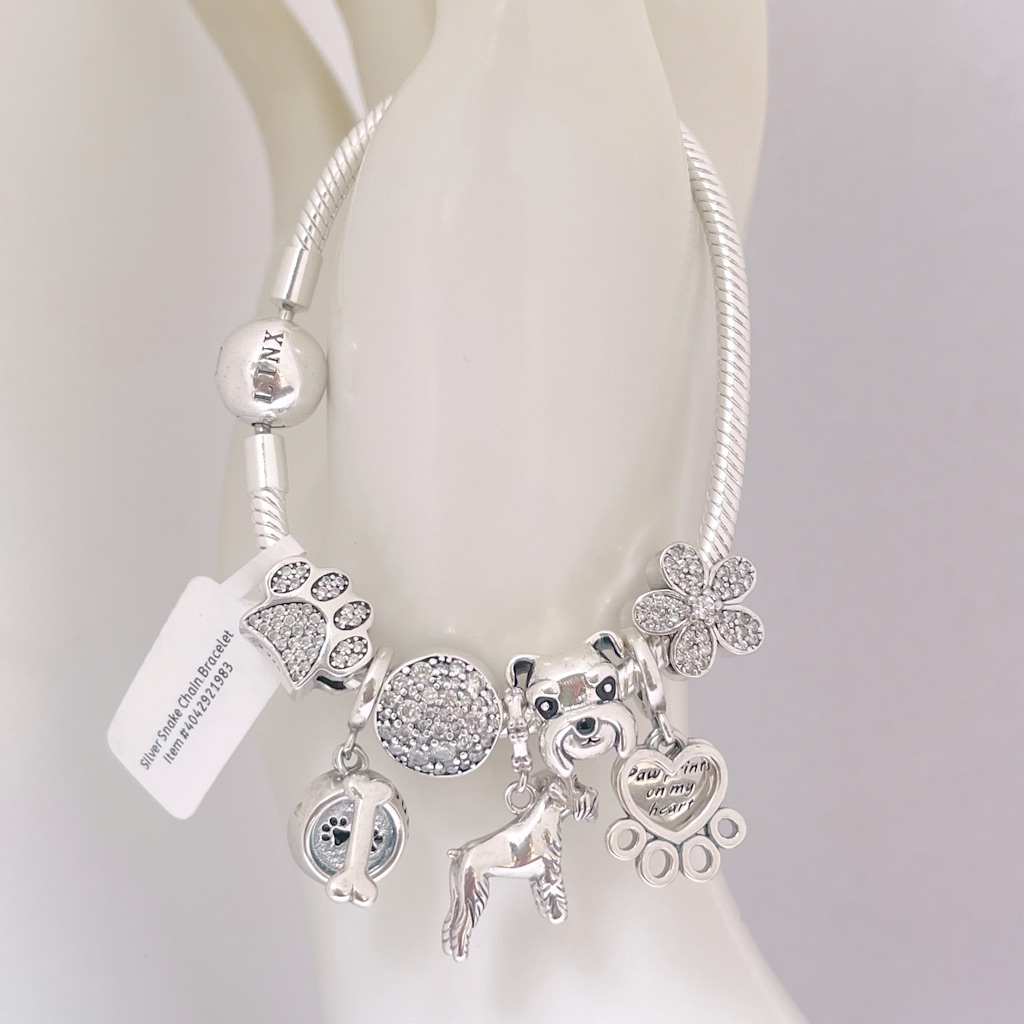 Linx Snake Chain Bracelet With Schnauzer Themed Charms 925 Sterling Silver